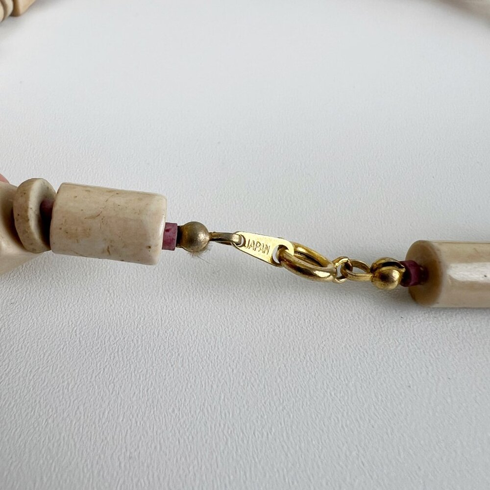Vintage Japanese Stoneware Beaded Chunky Necklace Set Earrings Gold Stone Japan - Picture 5 of 6
